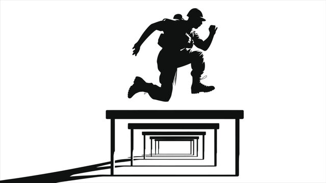 Black Silhouette Soldier Hurdle Jump Obstacle Course Vector