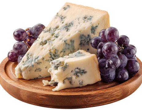  Stilton cheese and grapes on a wooden plate isolated on a transparent background PNG
