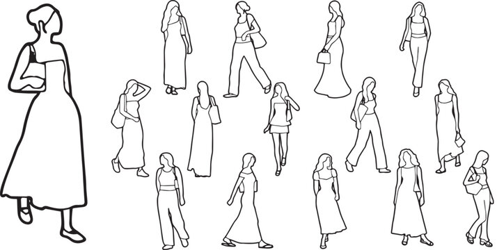 Diverse Set of Outline Female Figures - Architectural Drawing & People Scale Elements