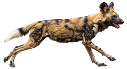 a running african wild dog, Lycaon pictus, with unique spotted fur