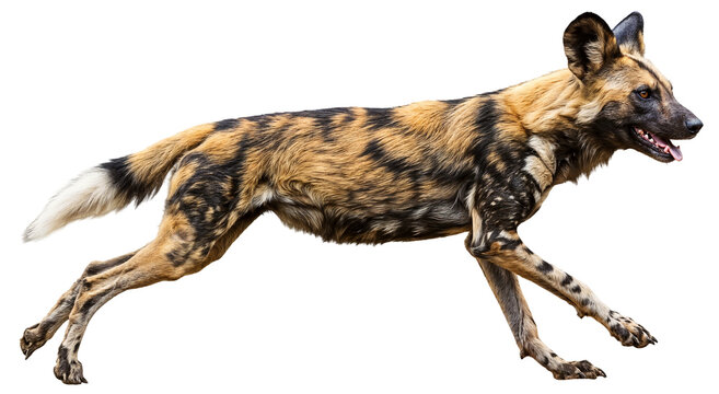 a running african wild dog, Lycaon pictus, with unique spotted fur