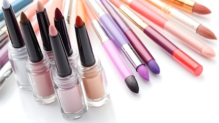 Full frame image of scattered nail polish bottles with caps removed and brushes laid beside each, colors include peach, coral, mint, and lavender on white background .