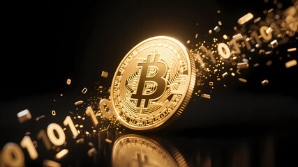Dynamic Bitcoin Coin with Binary Code on a Dark Background