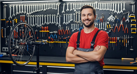 Confident Bicycle Mechanic in His Well Equipped Workshop smiling bike repairman stands with arms crossed his shop bicycle mechanic bike repair bike shop bicycle repair
