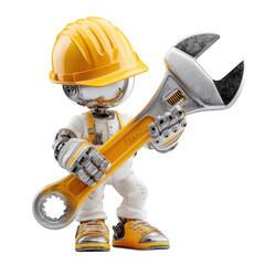 A 3D humanoid figure wearing a yellow construction helmet holds a large adjustable wrench with a yellow handle white and transparent background.