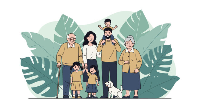 Happy multi generational family together with child on fathers shoulders and small dog