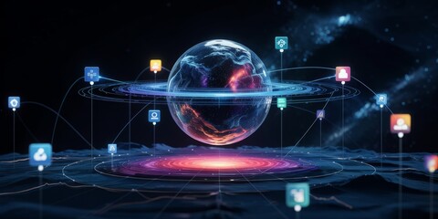 Global data network and data gravity concept with a central sphere and orbiting application icons