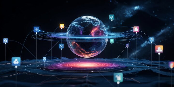 Global data network and data gravity concept with a central sphere and orbiting application icons