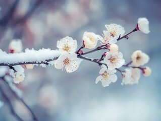 Snow-covered plum blossom close-up: Soft light on petals, blurred tranquil background, winter botanical wallpaper template.
