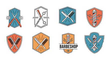 Collection of vintage barber shop emblems featuring scissors straight razors brushes and pole designs