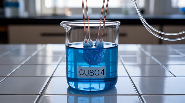 Laboratory Experiment: The photograph presents a close-up view of a laboratory experiment involving a clear beaker filled with blue liquid.