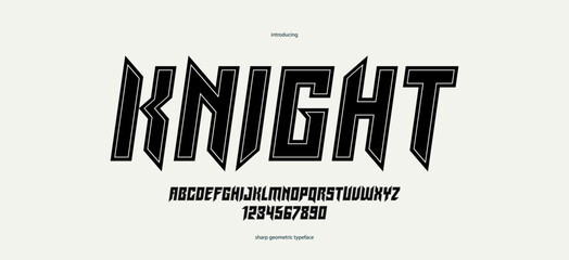 Sharp and bold gothic font for logo creation of for headlines, edgy geometric modern vector typeface, heavy metal and hard rock style alphabet with numbers, italic version.