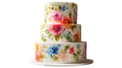 Elegant Three Tier Wedding Cake Decorated with Watercolor Floral Design on Black Background Wedding Celebration and Floral Artistry