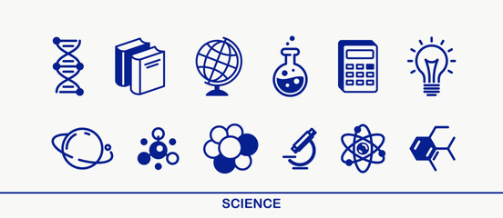 Science vector detailed icons set, school and university education bundle, scientific study and research, physics and chemistry.