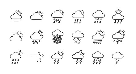 Fototapeta premium Simple line art icons depicting various weather conditions.