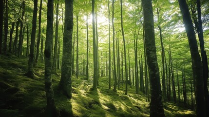 Naklejka premium Panorama of a green summer forest with clear skies