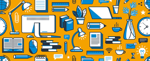 Office or remote work seamless background, PC and papers job workplace desk vector endless wallpaper, all elements easy to use separately as an icons or illustrations.