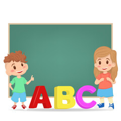Vector illustration featuring two children standing in front of a green chalkboard with large colorful letters A, B, C in the foreground, symbolizing back to school on a white background.