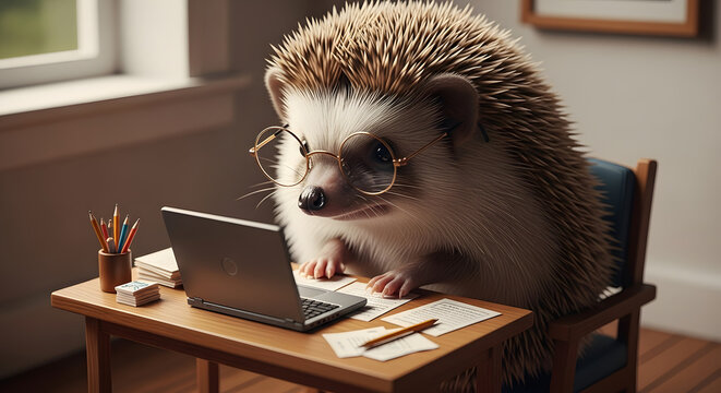 Smart Hedgehog Working on Laptop at Desk