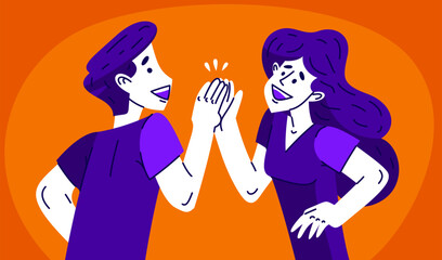 Young man and woman giving five each other, vector illustration of a happy friends or employees teammates clap each other hands displaying success.