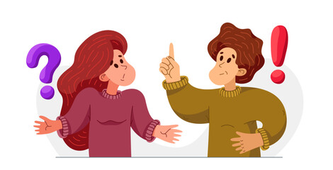 Young man has a good answer to a woman question and doubts, vector illustration of young people helping each other to solve some problem.
