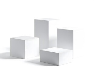 Four white geometric blocks arranged against a clean, white background.