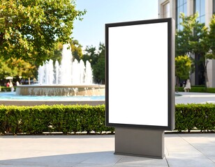 A blank billboard stands prominently in a park setting near a fountain.