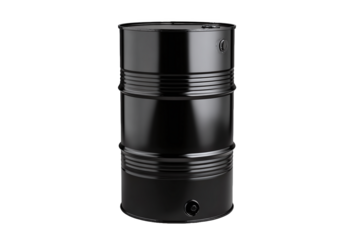 Glossy black industrial metal barrel isolated on white transparent background