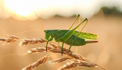 Green Grasshopper on Blade of Grass in Natural Habitat with Soft Bokeh Background