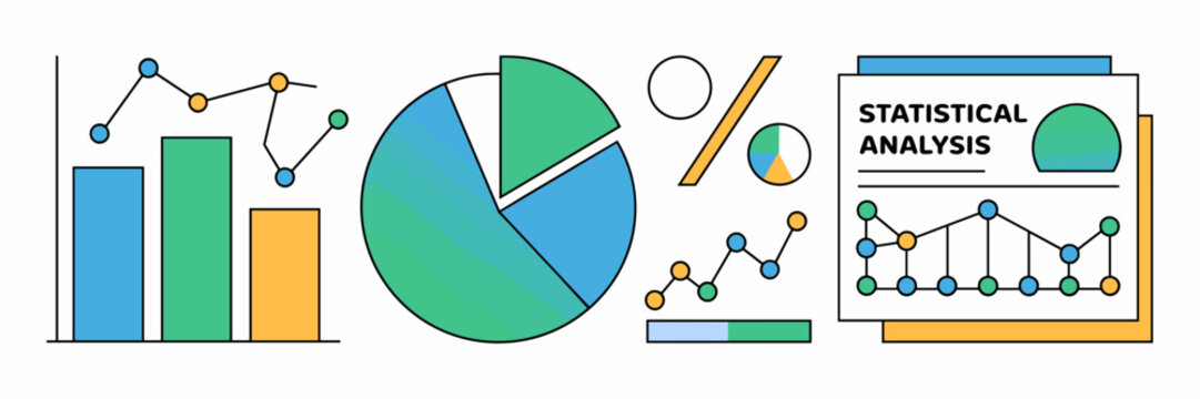 Statistical analysis icon set with graphs, pie charts, and report cover &ndash; Perfect for research presentations, academic papers, or business dashboards.