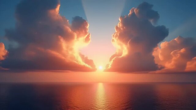 Celebrate sky artistry majestic 4K aerial view pastel sunset clouds glowing over sea sunlight streaming through providing dream like textures travel ads relaxation loops inspirational slide