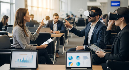 Innovative Business Meeting with VR Technology A Diverse Team Collaborates on Data Analysis and Future Strategies in a