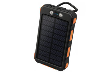 Portable solar power bank with digital charge indicator, led flashlight, positioned on clean transparent surface