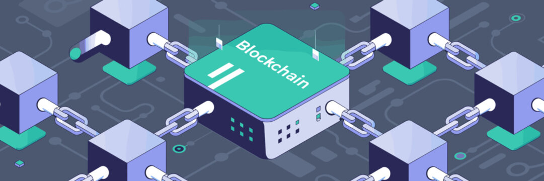 Stylized blockchain vector with geometric blocks and glowing links &ndash; Suitable for tech platforms, digital asset promotion, or blockchain-based services.