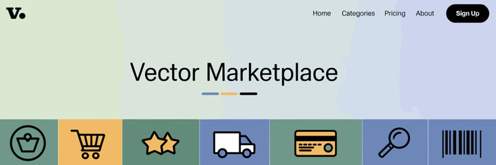 Minimalist e-commerce header with icons for online shopping and reviews