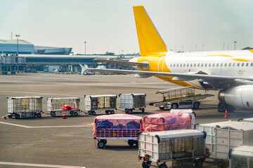 Airplane being serviced on the tarmac. Ground crew attending to baggage, cargo containers, and...