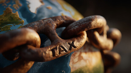 A rusty metal chain with "TAX" carved into one link is wrapped around the Earth.