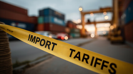 A bright yellow "IMPORT TARIFFS" caution tape is stretched across a foreground with a blurred background of a busy shipping port at dusk.