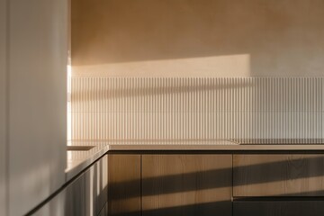 Obraz premium Modern kitchen interior with neutral tones and rhythmic vertical textures