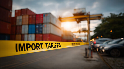 A bright yellow "IMPORT TARIFFS" caution tape is stretched across the foreground of a busy port, with shipping containers and cranes blurred in the background.
