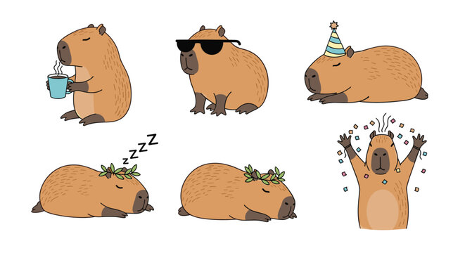 Adorable capybara characters expressing various fun emotions and activities