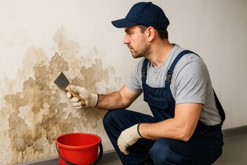 Repairman Fixing Water Damage on Wall