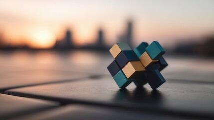 Abstract cubic configuration against scenic dusk, presenting dimensional complexity