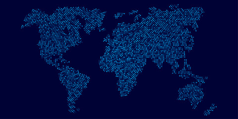 Digital dotted world map on dark blue background. Halftone circle pattern forming global continents for data, network, innovation, and futuristic design. Vector illustration.