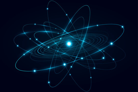 Abstract atomic structure concept for scientific research presentation. Futuristic glowing atom featuring blue elliptical rings circling a radiant central core on black background. Vector illustration