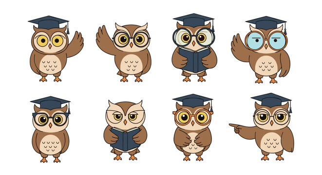 Charming pixel art collection of whimsical wise owls displaying various poses and expressions for educational themes