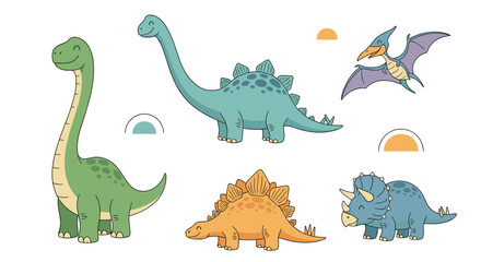 A fun collection of adorable cartoon dinosaurs including long necks spiked backs and flying reptiles