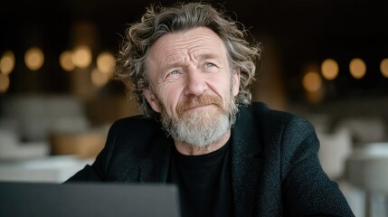 Thoughtful Bearded Man with Laptop in Modern Ambient Coffee Shop Setting