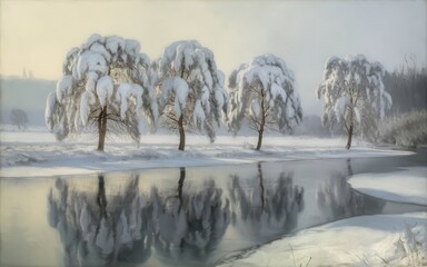 Serene winter landscape with snow-covered trees and reflections in water