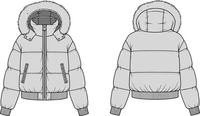 Flat sketch of padded winter jacket, front and back technical drawing, fur hood puffer coat, vector apparel design, cad fashion template